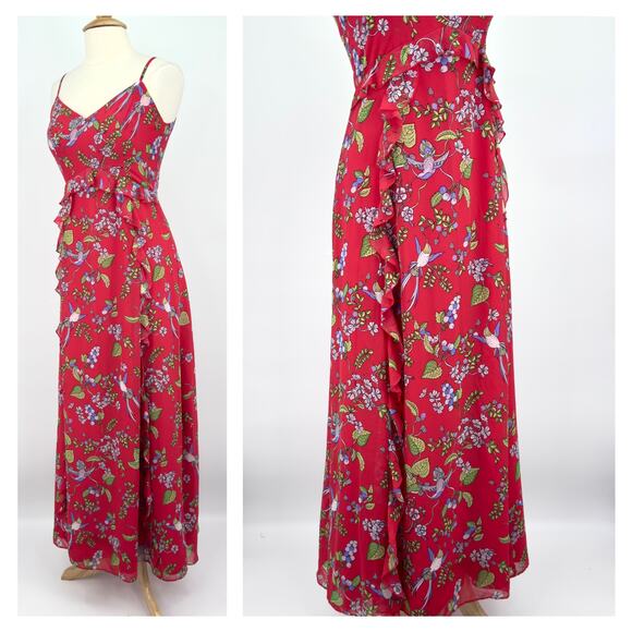 Nanette Lepore Sleeveless Maxi Dress Sz 6 Red Chiffon Floral Hummingbird Print - Picture 6 of 15